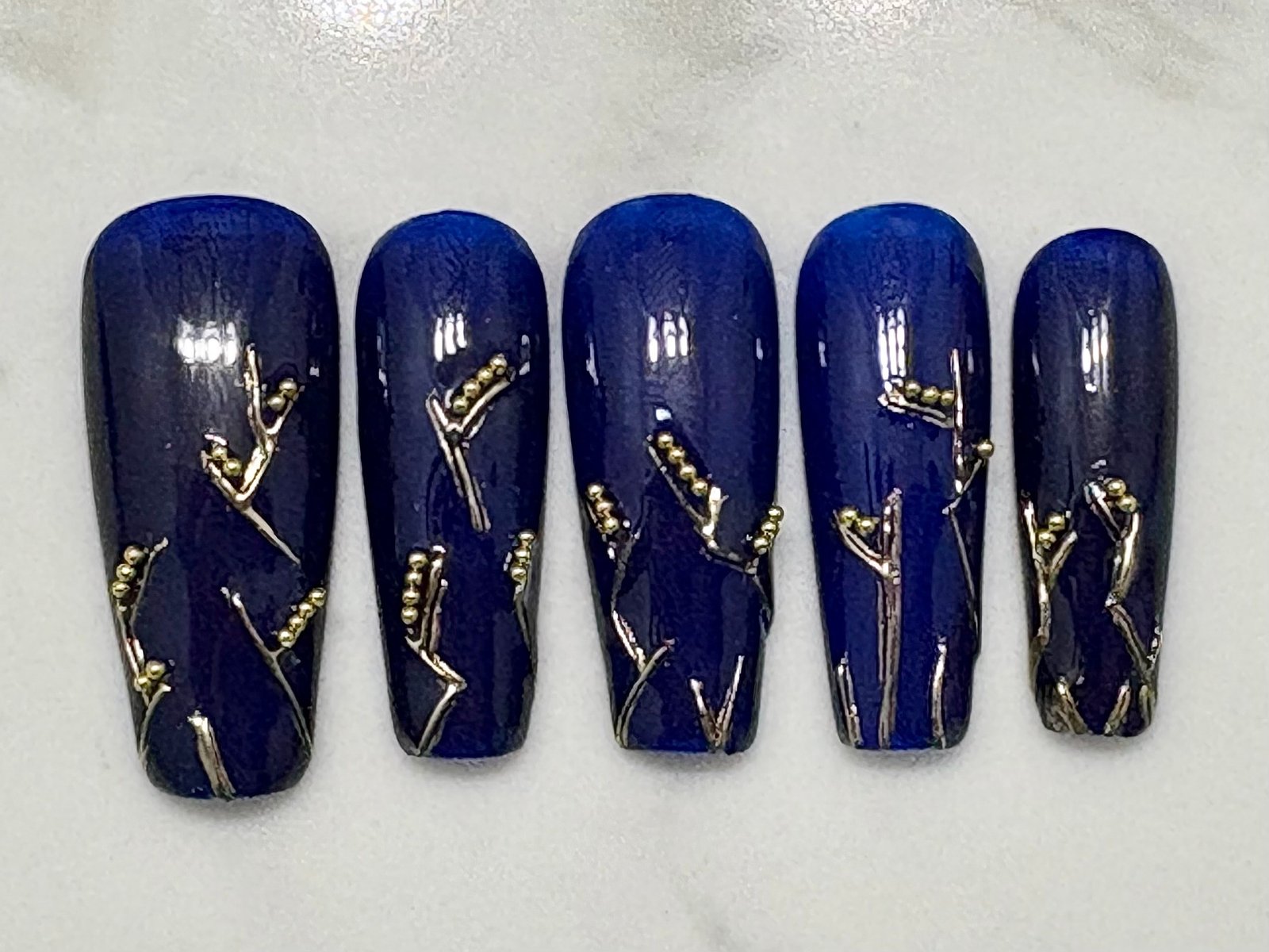 Custom hand-painted midnight branches press-on set
